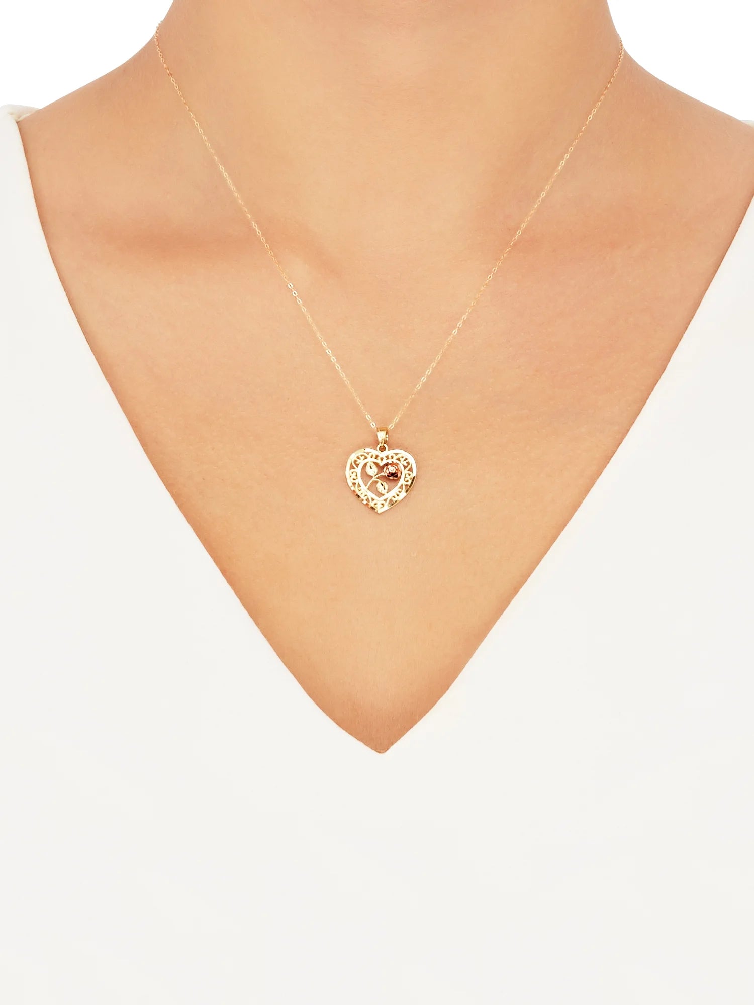 10K Two-Tone Gold Heart Flower Pendant Necklace – 18" Gold-Filled Chain