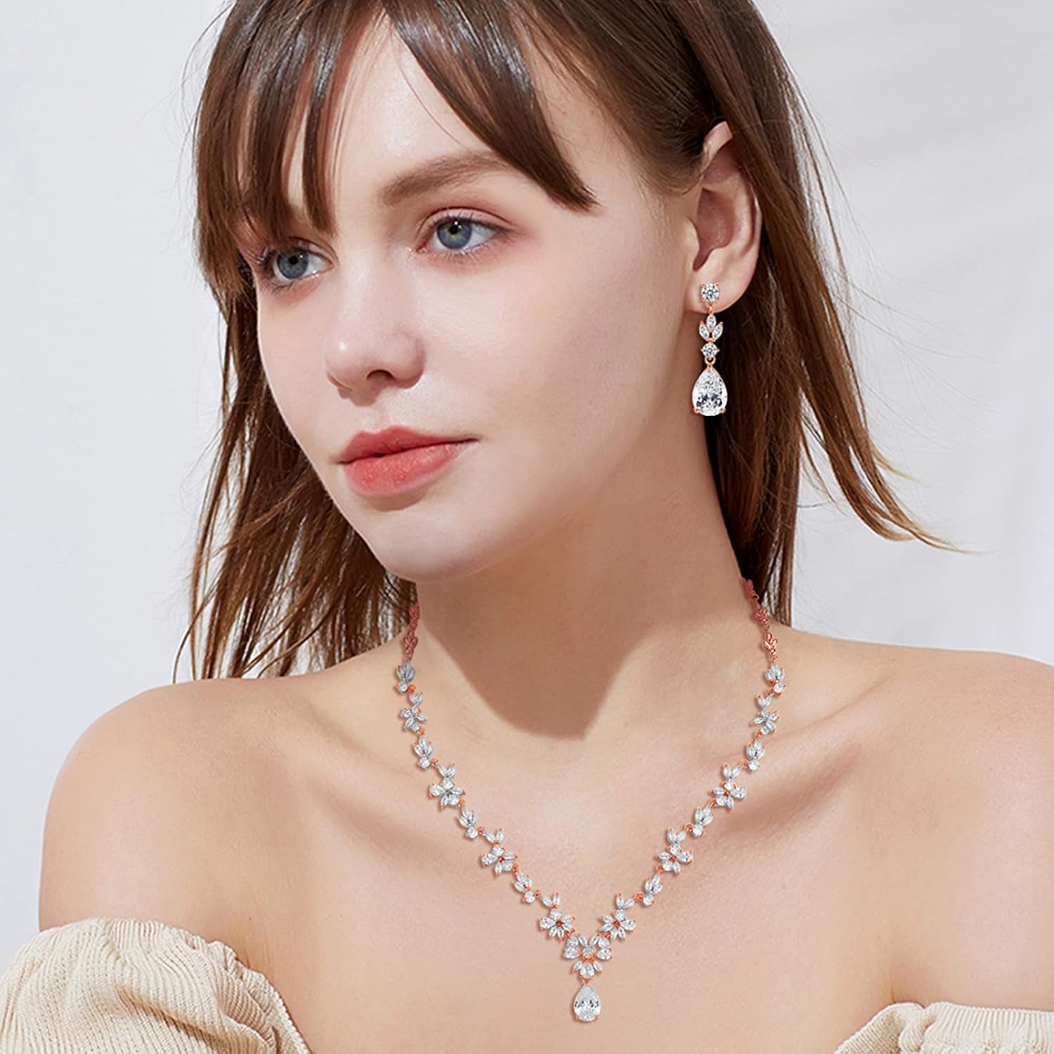 Wedding Jewelry Set – Silver Necklace, Earrings & Bracelet with Clear Cubic Zirconia for Bride & Bridesmaids