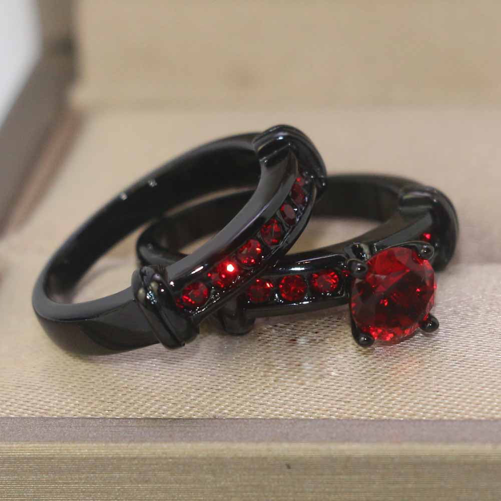 Matching Couple Rings Black Gold Plated 1CT Red CZ Wedding Ring Set – Titanium Men’s Band & Women’s Ring
