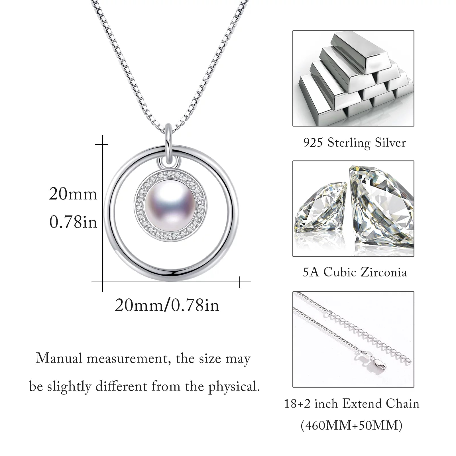 Pearl Necklace for Women – 925 Sterling Silver Pendant Necklace, Elegant Jewelry Gift for Mom, Daughter, Niece – Birthday or Christmas Present