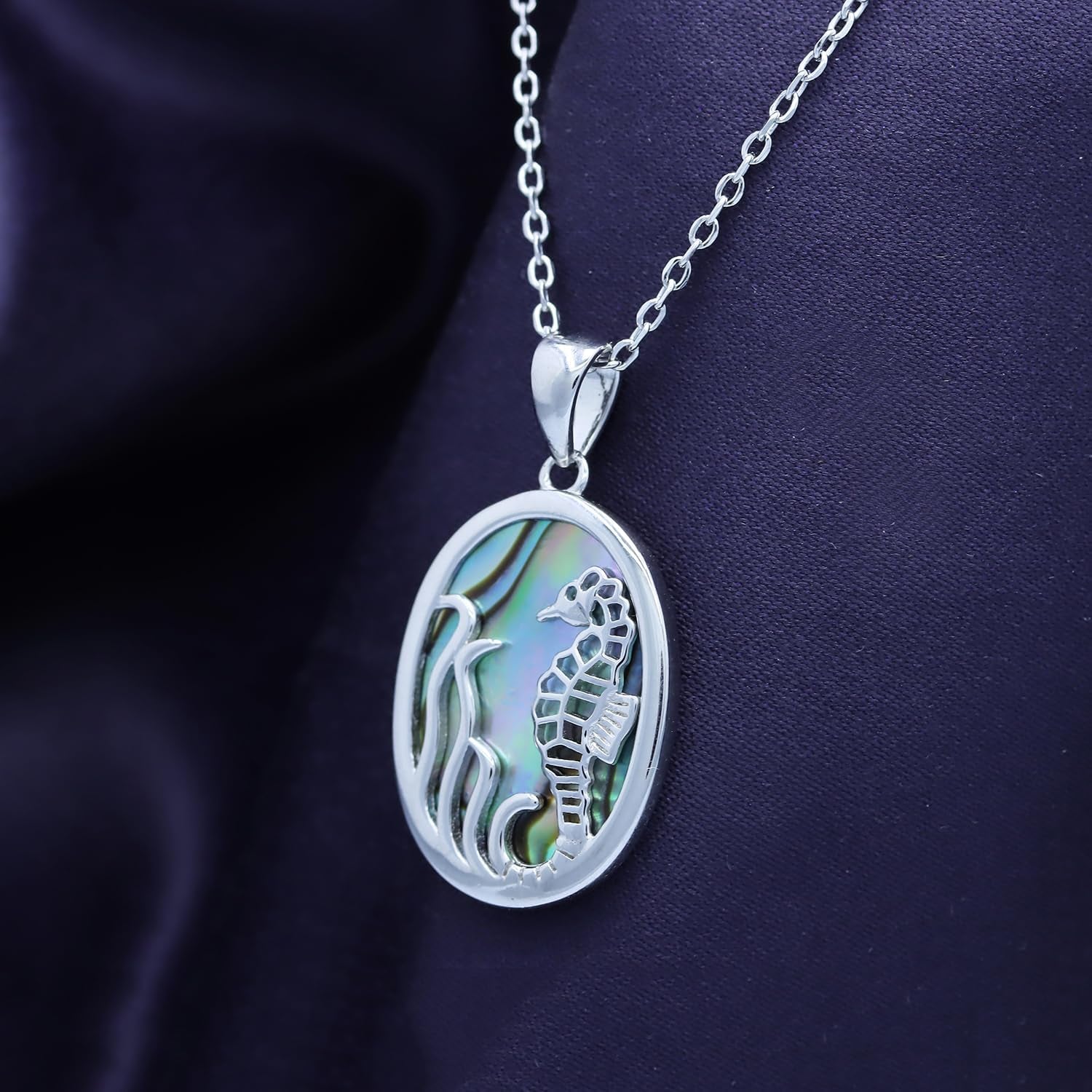 14K White Gold Over Sterling Silver Abalone Shell Animal Pendant Necklaces – Seahorse Jewelry Gift for Her