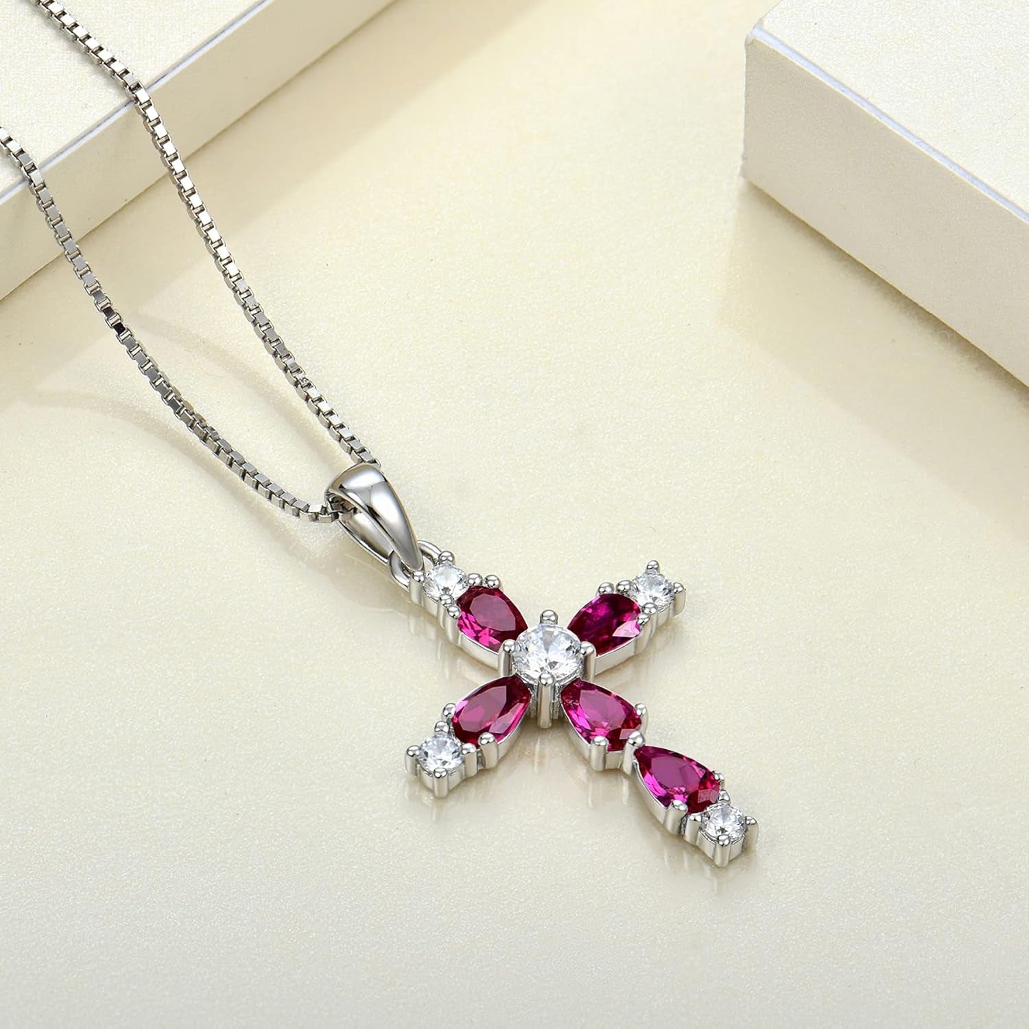 925 Sterling Silver Cross Necklace for Women – Halo Gemstone Birthstone Pendant, Religious Jewelry for Mom