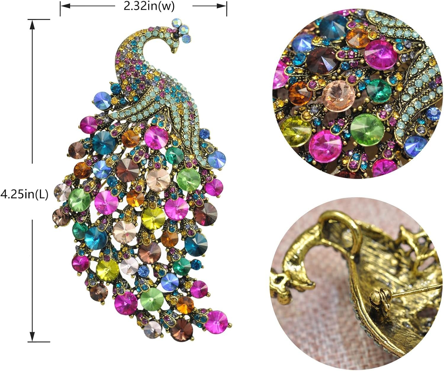 Vitage Style Crystal Large Peacock Feather Pin Brooch
