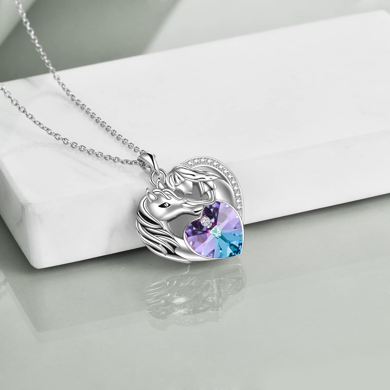 Purple Heart & Horse Pendant Necklace – Sterling Silver Animal Lover Gift for Her