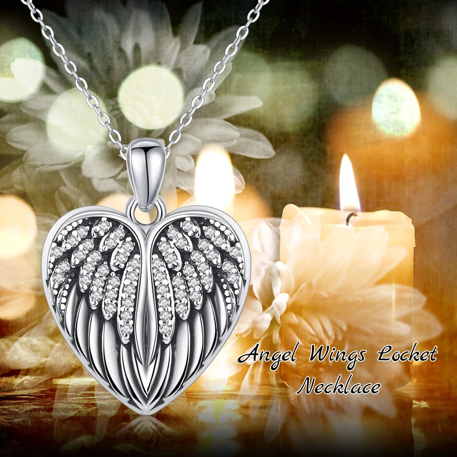 Angel Wings Heart Locket Necklace – 925 Sterling Silver Memorial Jewelry for Women