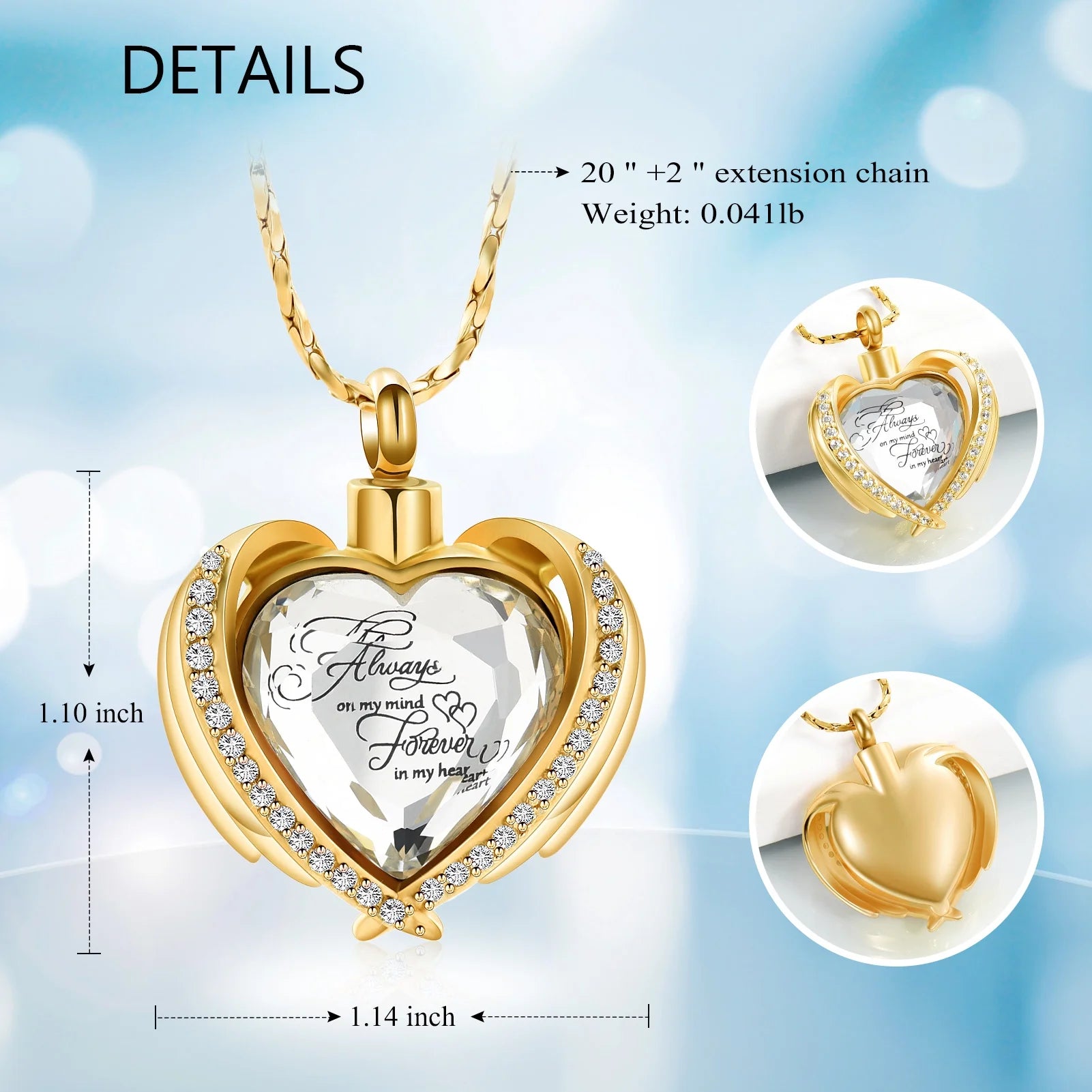 Angel Wing Heart Cremation Urn Necklace – Birthstone Memorial Locket for Human Ashes | Keepsake Jewelry for Women