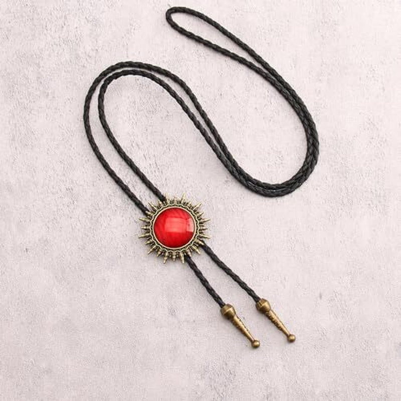 Men’s Western Cowboy Bolo Tie – Leather Necktie with Red Stone Pendant