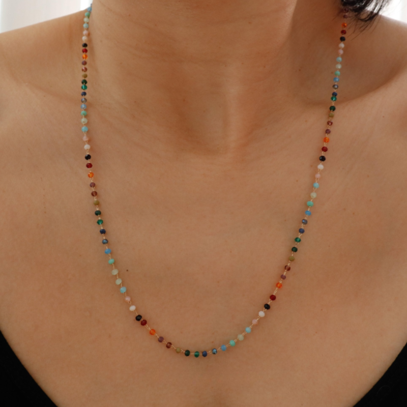 Rainbow Gemstone Beaded Necklace – Dainty Colorful Charm for a Playful, Elegant Look