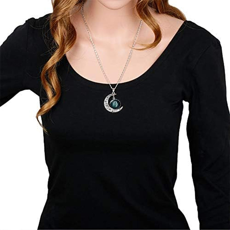 Zodiac Constellation Crescent Necklace – Luminous Gemstone Pendant on Long Sweater Chain