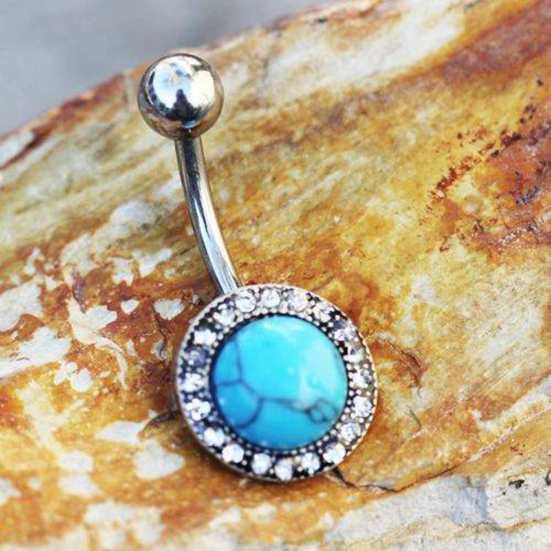 Antique Jeweled Turquoise Navel Ring – Vintage-Inspired Belly Button Ring with Gem Accents