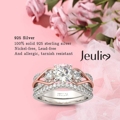 Two-Tone Rose Gold &amp; Sterling Silver Engagement Ring Set – Round Cut Three-Stone Halo Bridal, Promise &amp; Anniversary Rings for Women with Gift Box