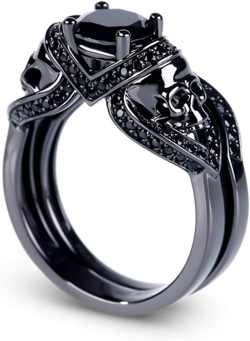 3.6 Carat Black Tone Skull Ring Set – Round Cut Cubic Zirconia Engagement &amp; Wedding Bands for Women &amp; Men, Sterling Silver Bridal Promise Ring with Gift Box