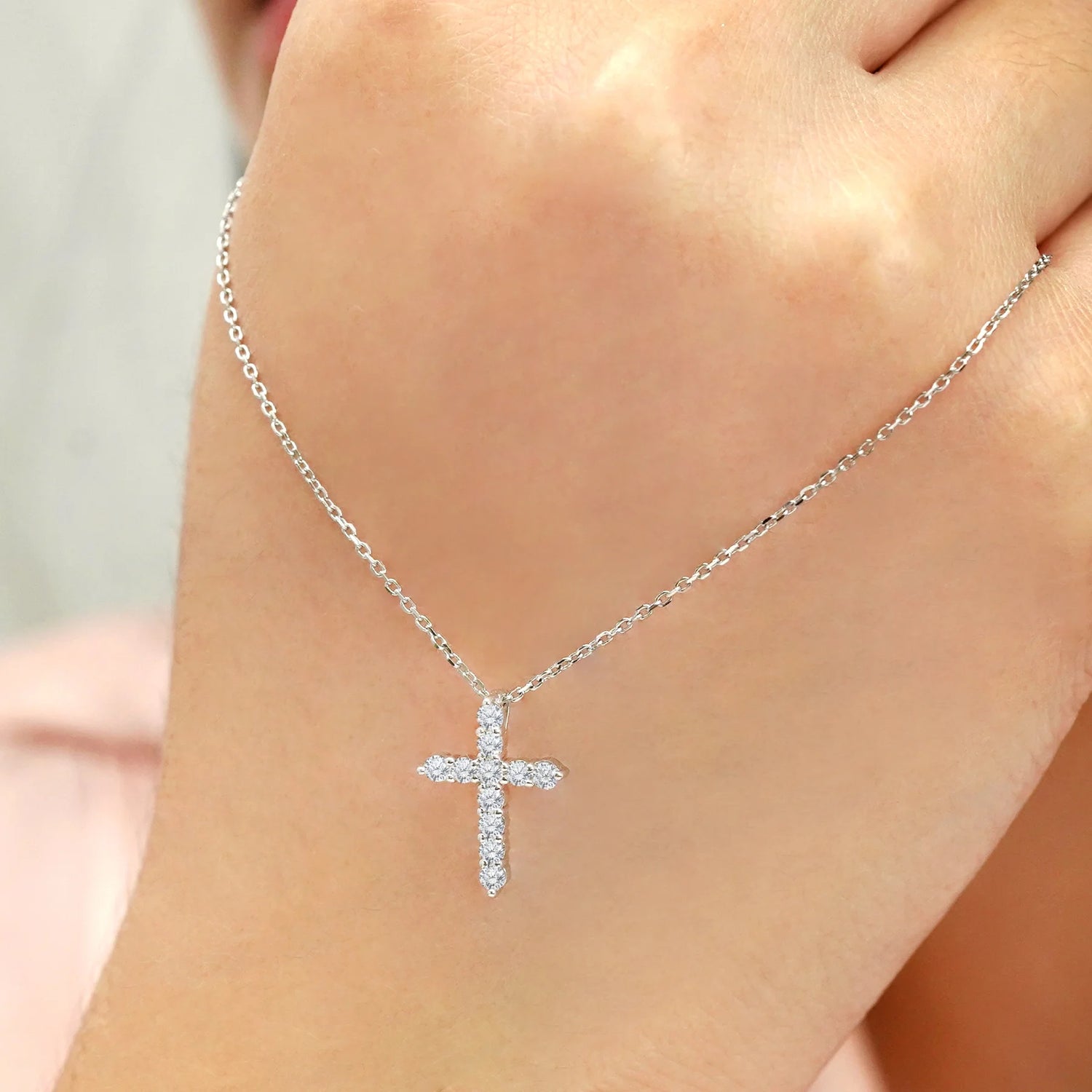 Shared-Prong 0.10 TCW Round Shape Diamond Pave Style Cross Pendant Necklace – 18K White Gold Plated over Sterling Silver