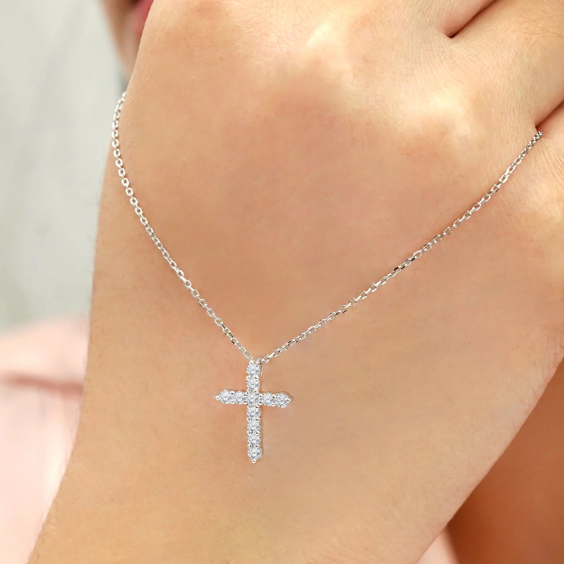 Shared-Prong 0.10 TCW Round Shape Diamond Pave Style Cross Pendant Necklace – 18K White Gold Plated over Sterling Silver