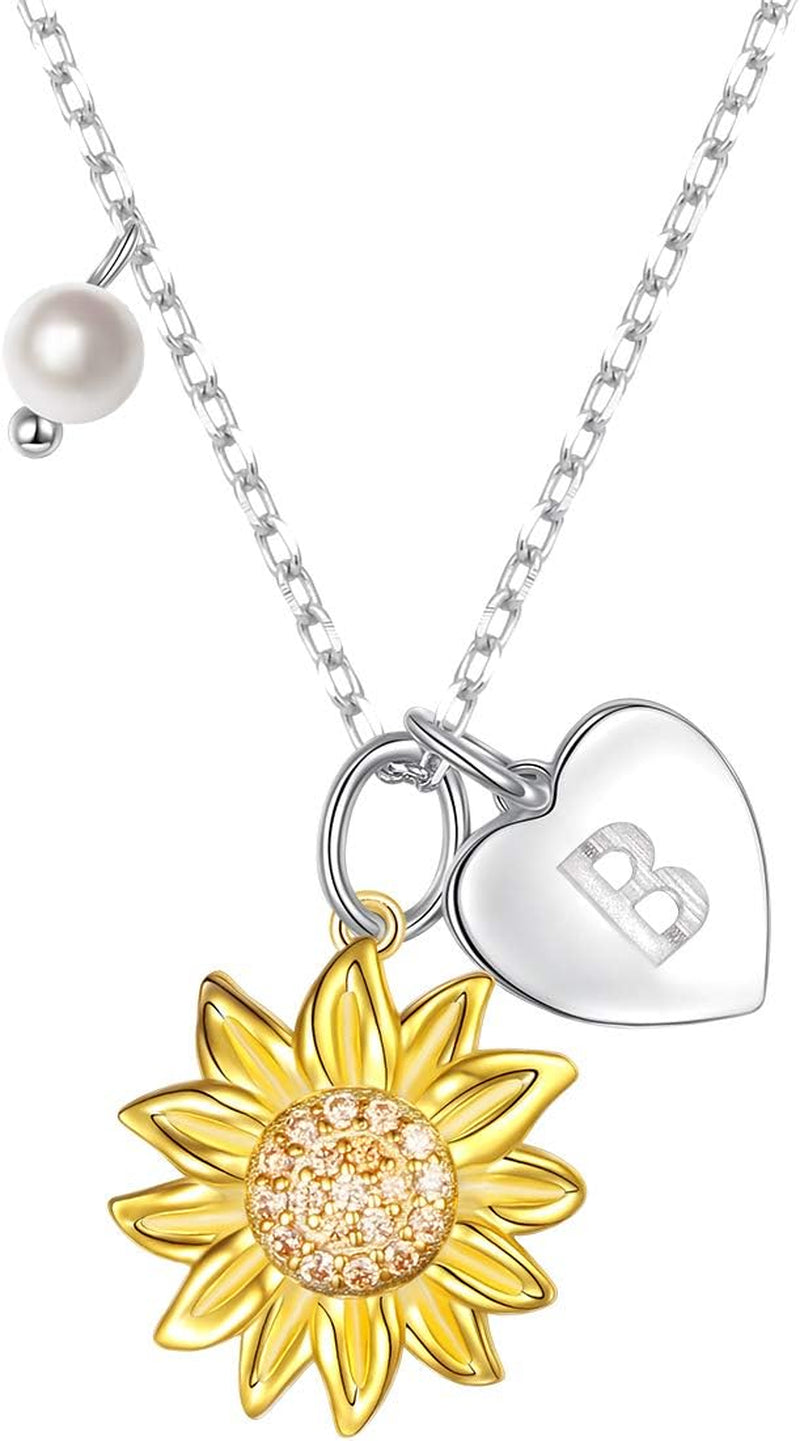 Sterling Silver Gold Tone Sunflower Initial Necklace – Personalized A–Z Script Alphabet Pendant for Women &amp; Girls