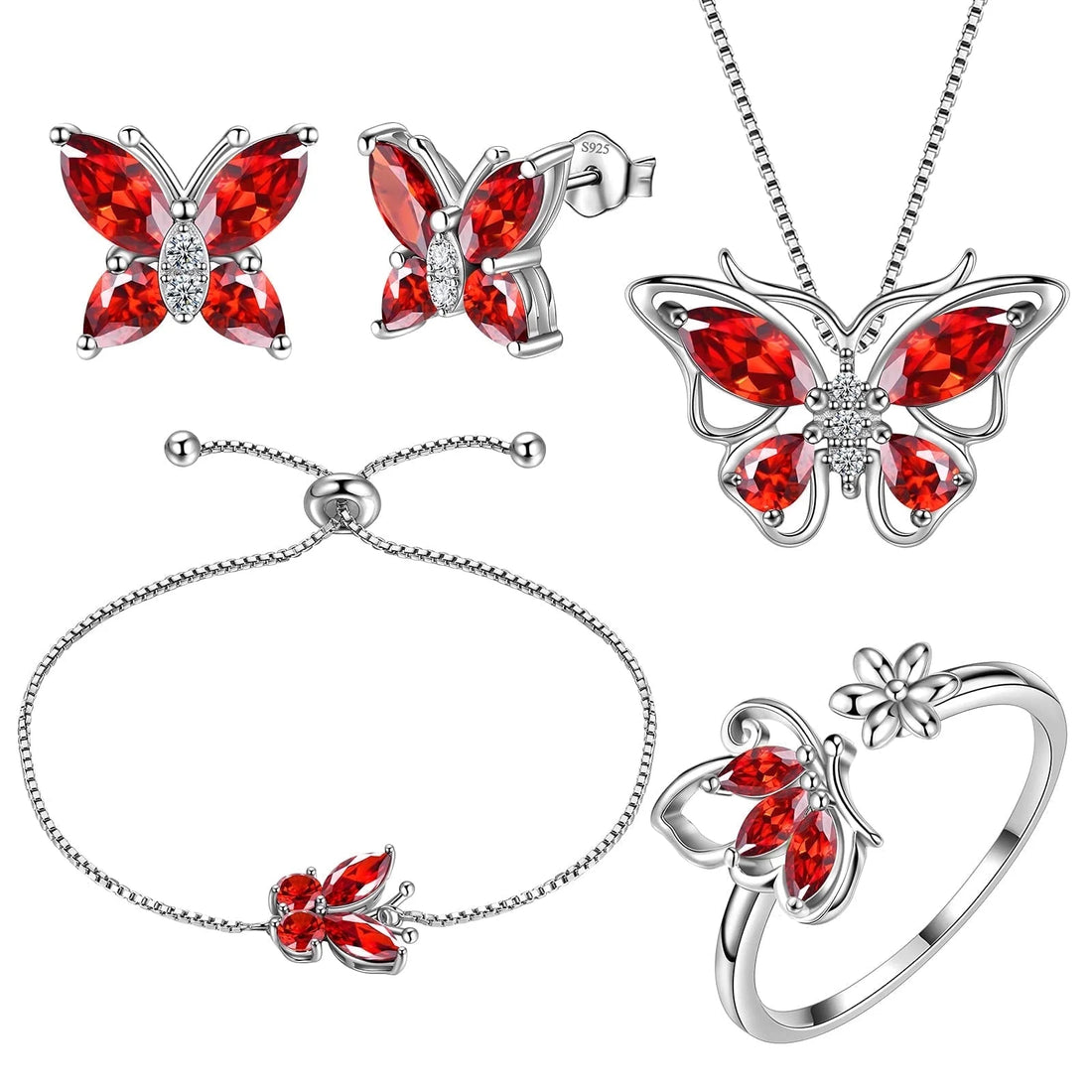 January Birthstone Jewelry Set – Red Butterfly Garnet Necklace, Earrings, Ring &amp; Bracelet in Sterling Silver for Women