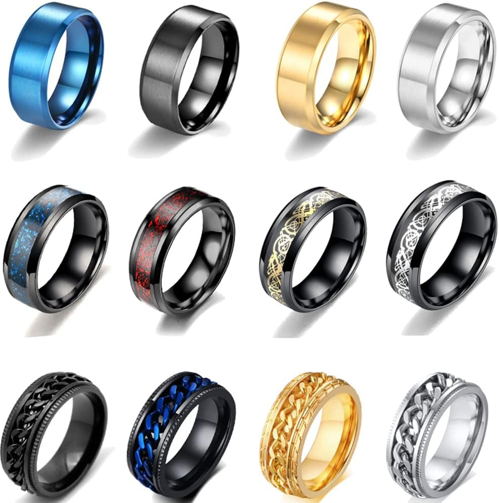 12Pcs 8mm Stainless Steel Fidget Spinner Rings Set – Anxiety Relief Chain Rings with Dragon Pattern for Men &amp; Women (Sizes 7–11)