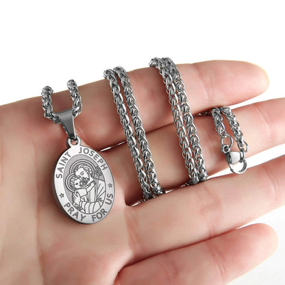 Silver Saint Joseph Necklace for Men &amp; Boys – Stainless Steel Pendant Chain, Christian Catholic Jewelry Gift