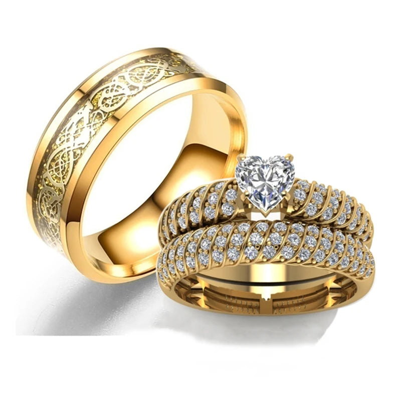 💍 2025 Fashion Couple Rings Set – Vintage Dragon Stainless Steel &amp; Romantic Heart Zircon Design | Engagement, Wedding, Promise Bands for Couples