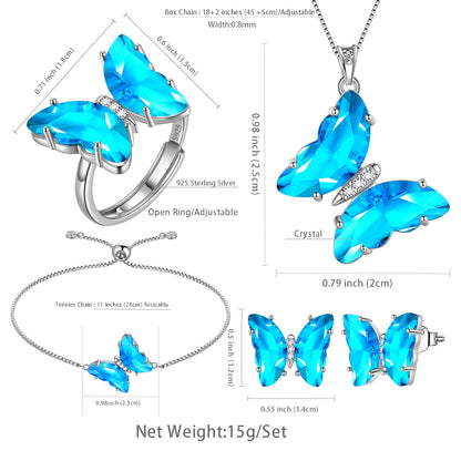 Blue Butterfly Jewelry Set – 5PCS Necklace, Earrings, Bracelet, Ring for Women Product Description