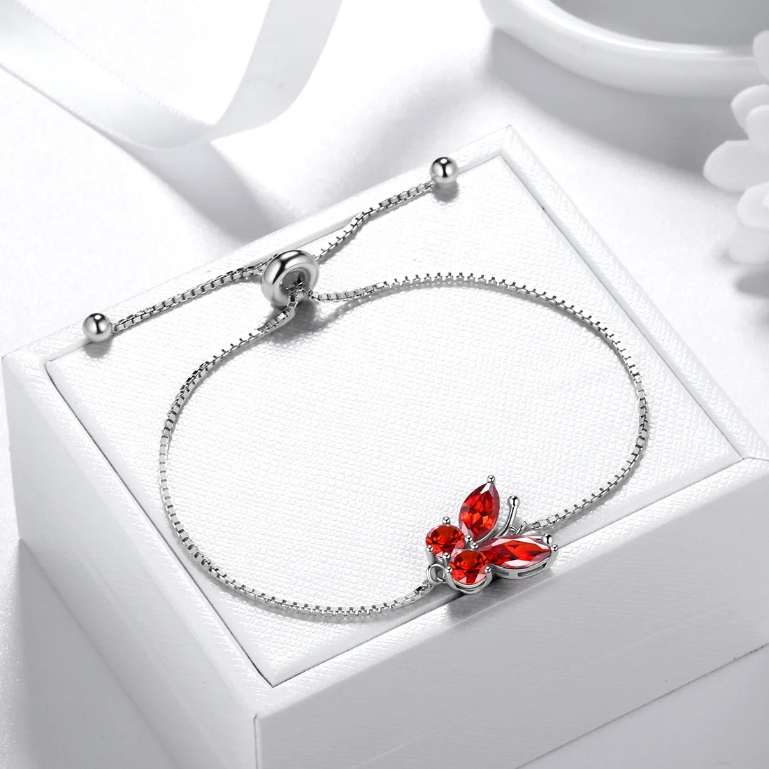 January Birthstone Jewelry Set – Red Butterfly Garnet Necklace, Earrings, Ring &amp; Bracelet in Sterling Silver for Women