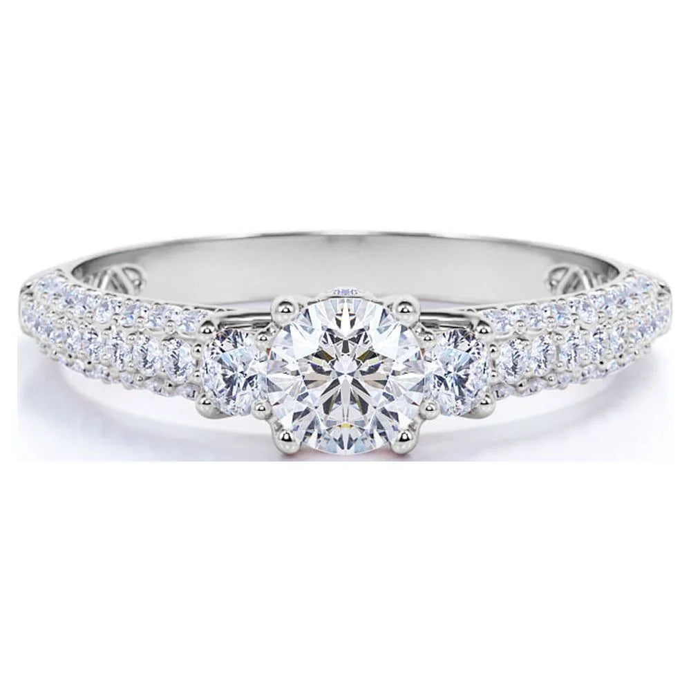 1.75 Carat Round Cut Moissanite Engagement Bridal Set – 3-Stone Trilogy Promise Ring in 18K White Gold over Silver