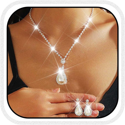 Bride Silver Necklace and Earrings Set – Crystal Rhinestone Bridal Wedding Jewelry Choker for Women and Girls