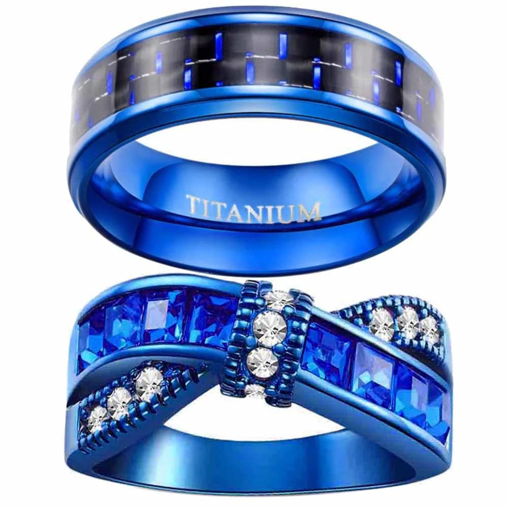 2 Blue Matching Couple Rings – 1CT AAA Cubic Zirconia Women’s Wedding Rings Set
