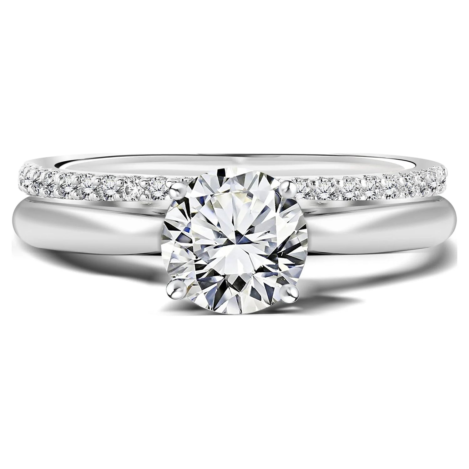 1.25 Ct Round Cut Moissanite Wedding &amp; Engagement Ring Set – 18K White Gold over Silver