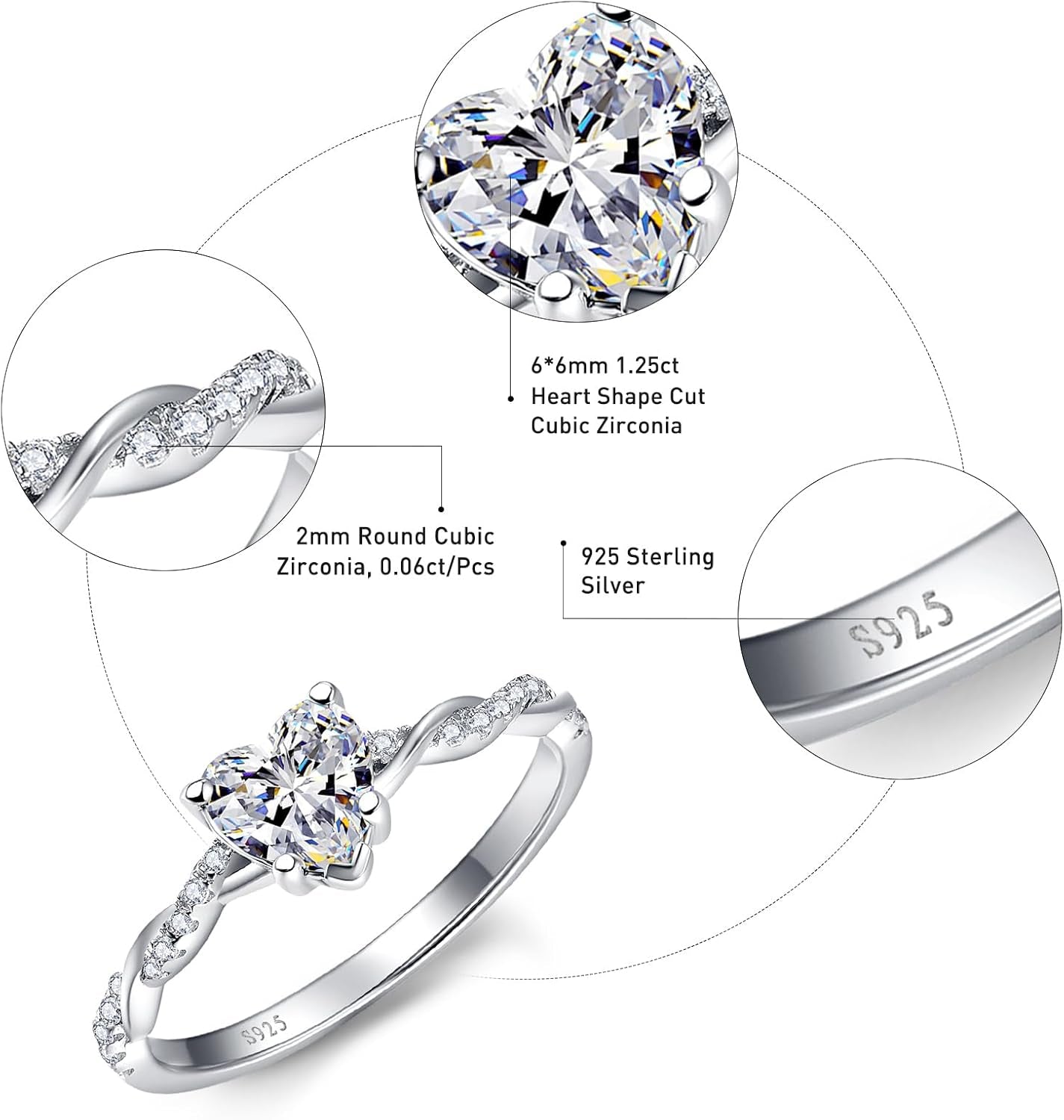 1.25Ct Heart Promise Ring for Women – 925 Sterling Silver Twisted Vine Design with Created Emerald, Sapphire, Amethyst, Ruby, CZ, or Opal – Sizes 5-10