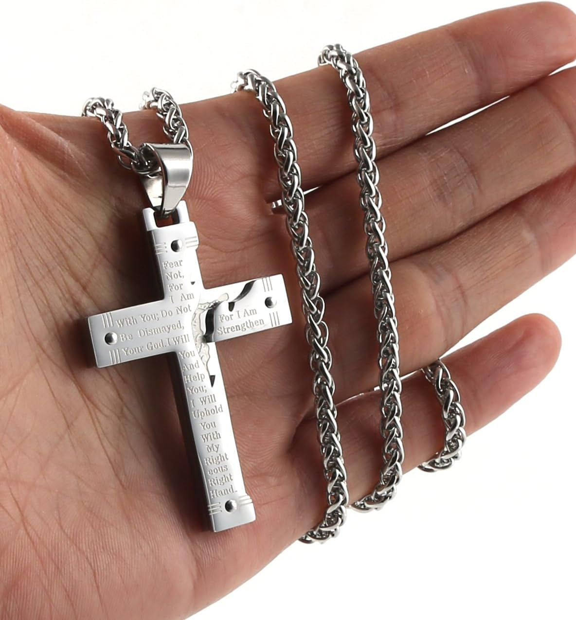 Men’s Stainless Steel Jesus Christ Crucifix Cross Necklace – Lord’s Prayer Pendant for Faith, Strength &amp; Style
