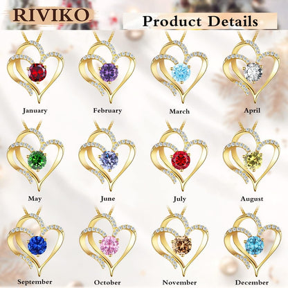 Love Heart Necklace for Women 925 Sterling Silver Gold Plated Zirconia Birthstone Pendant Necklaces for Mother Wife Birthday Christmas Jewelry Gift