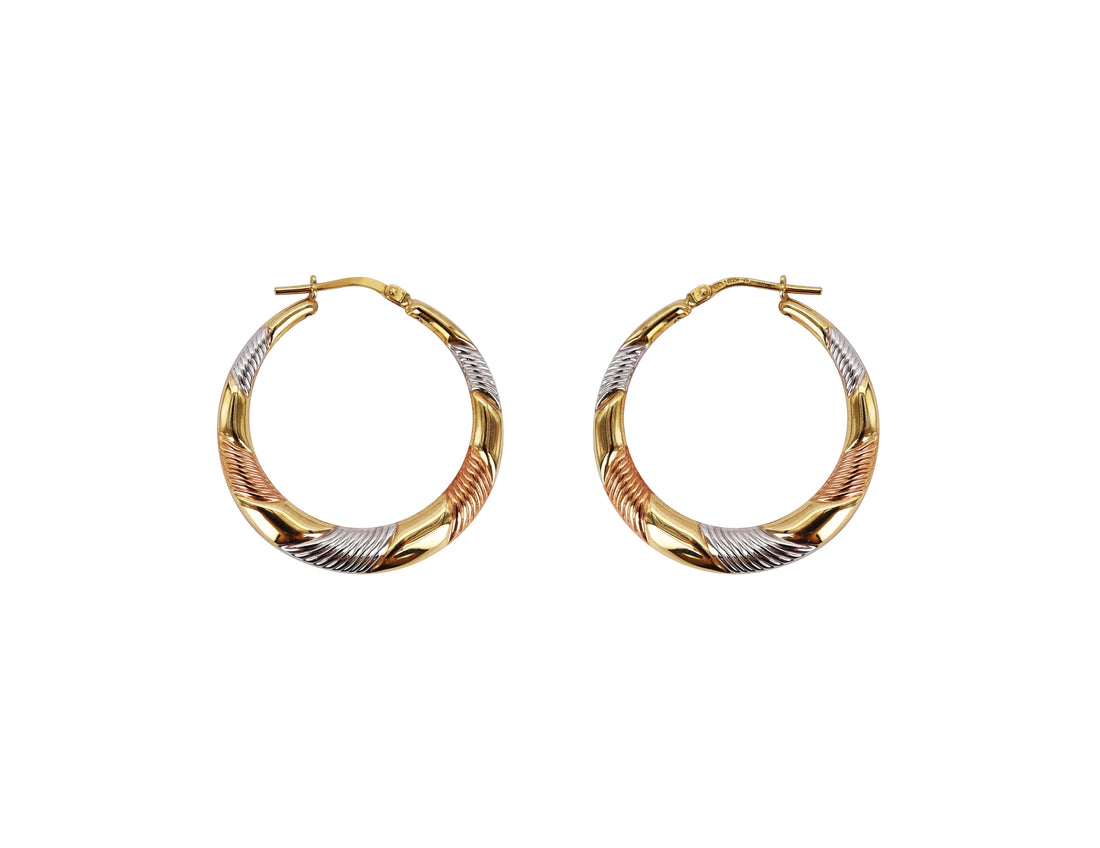 Brilliance Fine Jewelry 14K Gold Plated Sterling Silver Tri-Color Striped Hoop Earrings for Women – 30mm