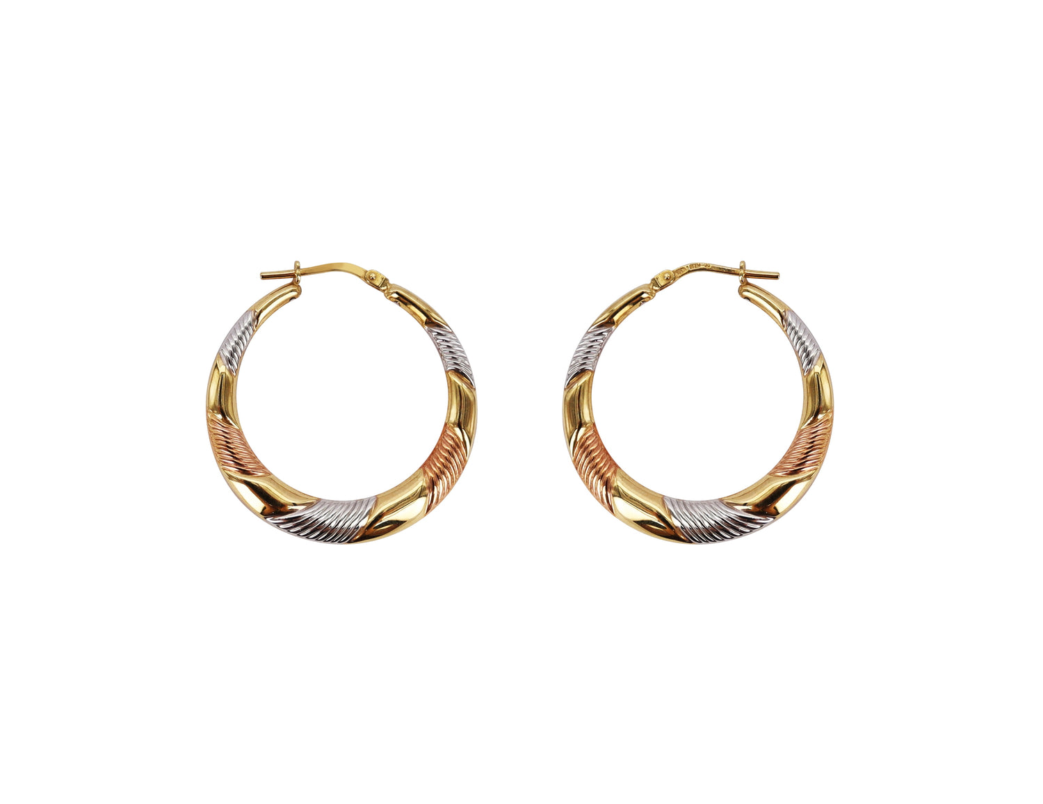 Brilliance Fine Jewelry 14K Gold Plated Sterling Silver Tri-Color Striped Hoop Earrings for Women – 30mm