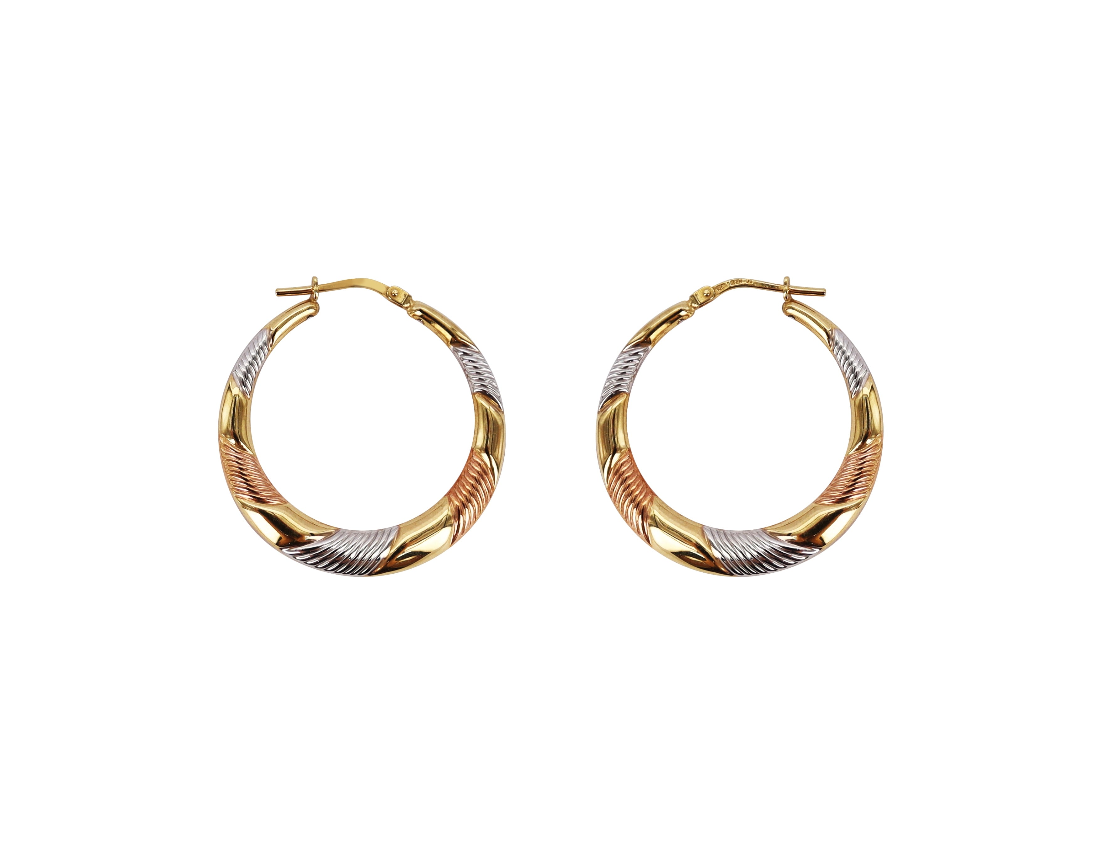 Brilliance Fine Jewelry 14K Gold Plated Sterling Silver Tri-Color Striped Hoop Earrings for Women – 30mm