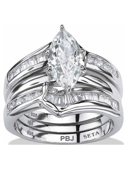 Marquise Cut Yellow Gold-Plated Cubic Zirconia Engagement &amp; Wedding Ring Set