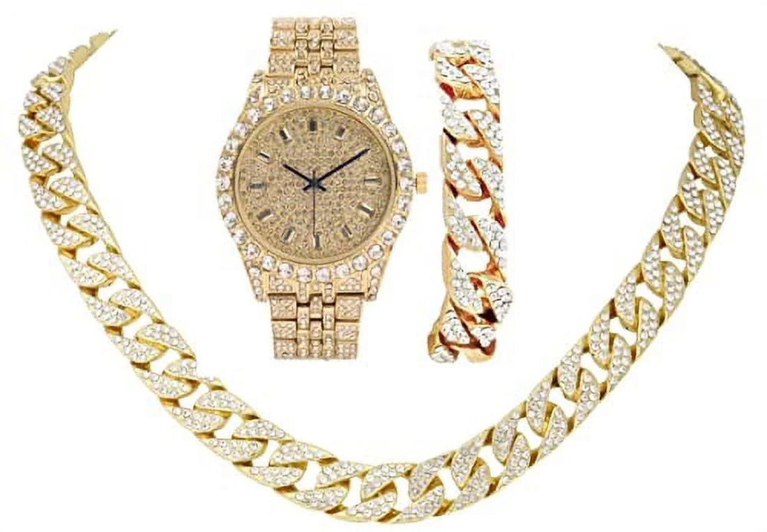 Blinged-Out Cuban Necklace with Matching Bracelet &amp; Fire Iced-Out Timepiece – Boujee 3-Piece Set 2023 (Gold/Gold, CNBW ST10226)