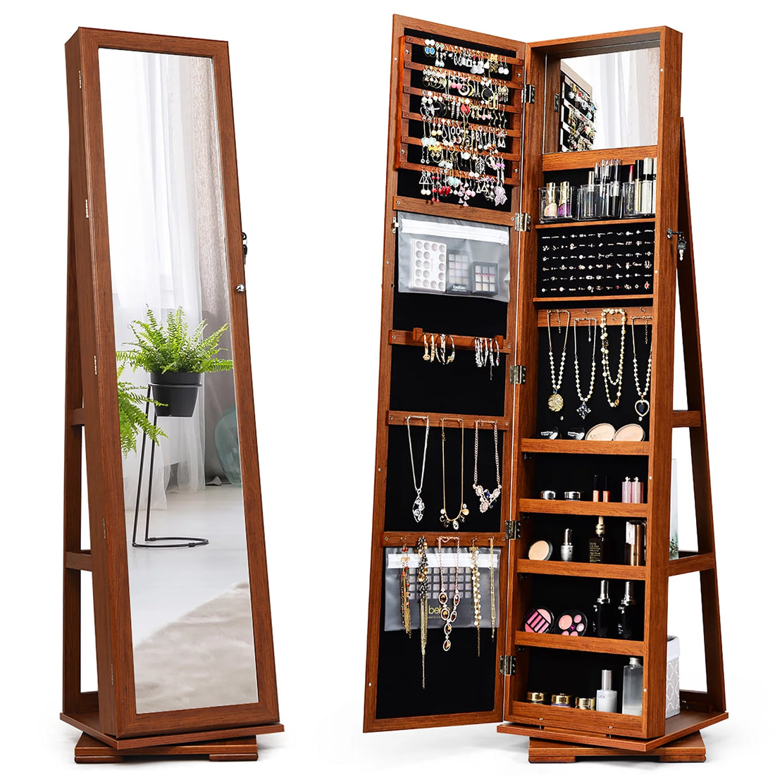360Degree Rotatable Jewelry Cabinet 2-In-1 Lockable Mirrored Organizer Brown