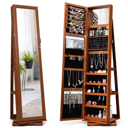 360Degree Rotatable Jewelry Cabinet 2-In-1 Lockable Mirrored Organizer Brown