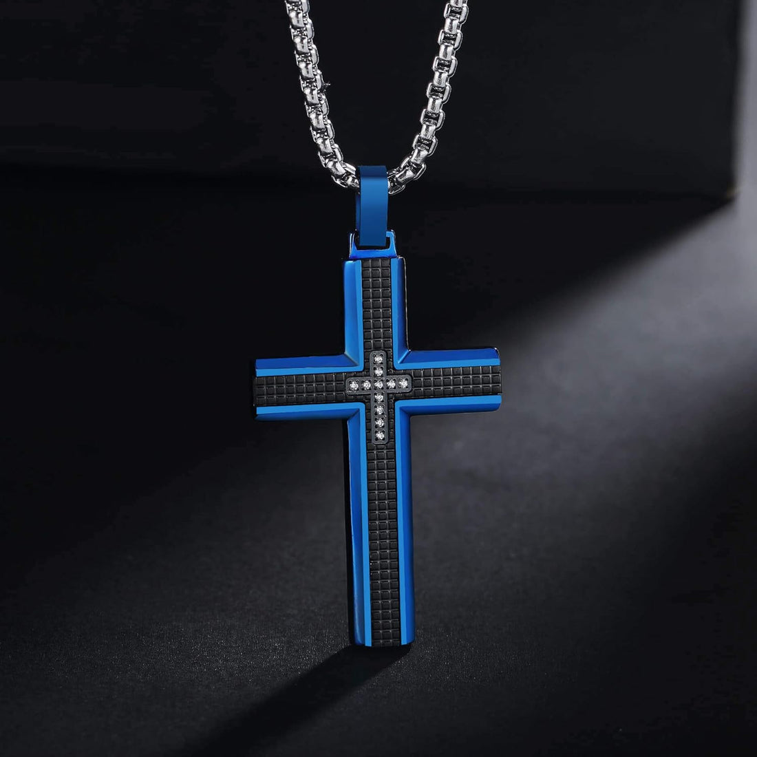 Men’s Stainless Steel Cross Necklace – Two-Tone Black &amp; Blue Carbon Fiber Pendant with Gift Box | Modern Faith Jewelry