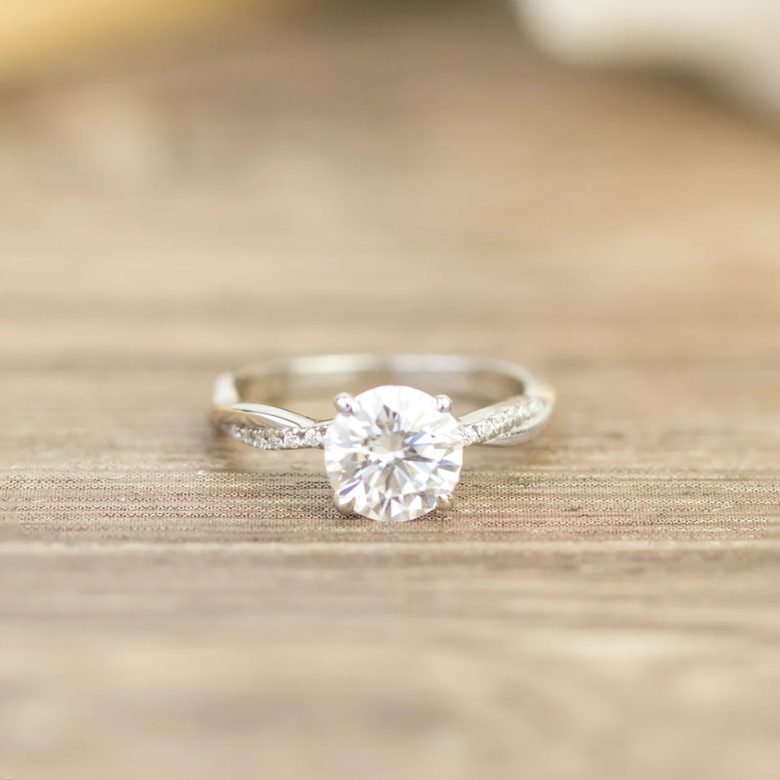 Cathedral Prong 1 Ct Round Moissanite Infinity Engagement Ring – 18K White Gold Plated over Silver, Half Pave Twisted Shank