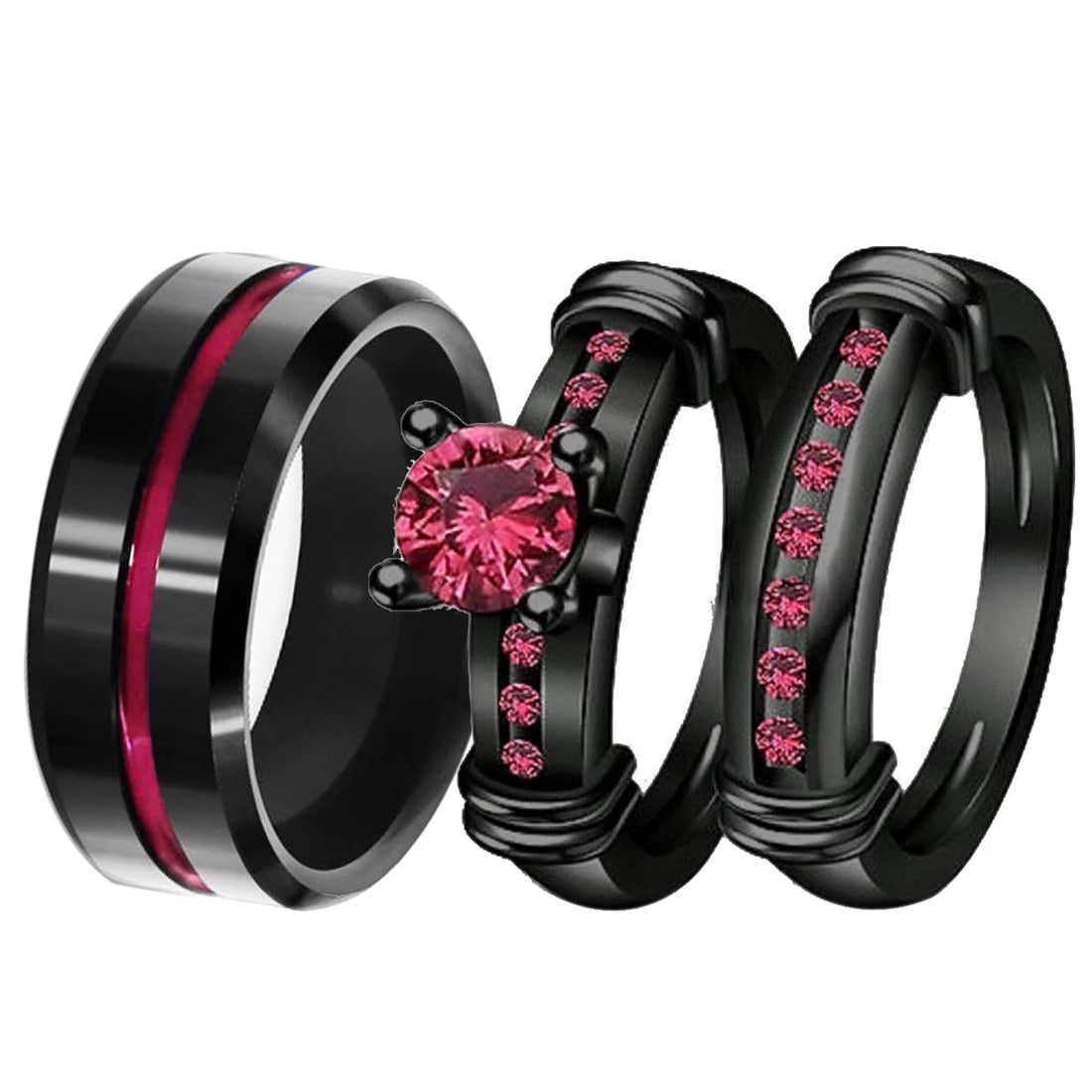 Matching Couple Rings Black Gold Plated 1CT Red CZ Wedding Ring Set – Titanium Men’s Band &amp; Women’s Ring