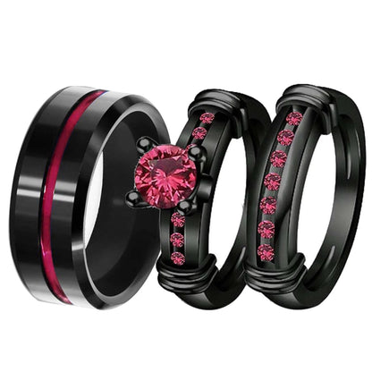 Matching Couple Rings Black Gold Plated 1CT Red CZ Wedding Ring Set – Titanium Men’s Band &amp; Women’s Ring