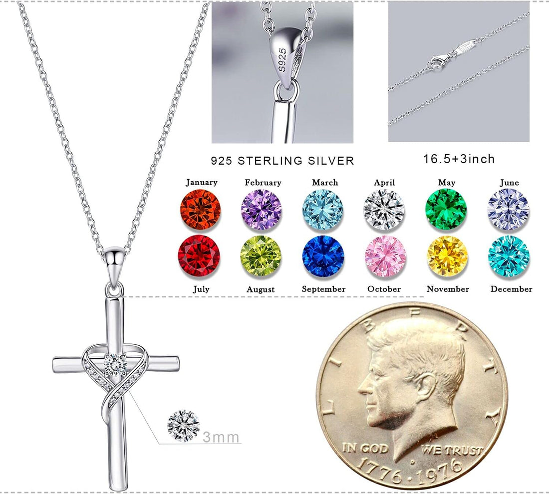 925 Sterling Silver Cross Necklace for Women Large Gold Cross Birthstone Faith Heart Necklaces for Easter Festival or Holiday