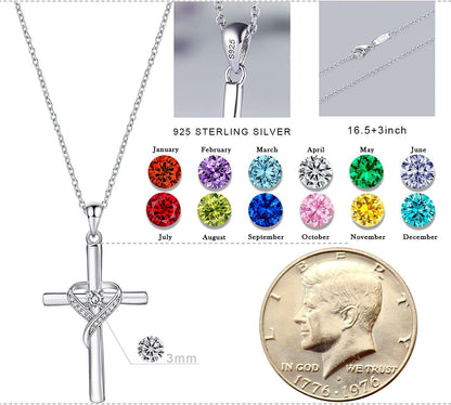925 Sterling Silver Cross Necklace for Women Large Gold Cross Birthstone Faith Heart Necklaces for Easter Festival or Holiday