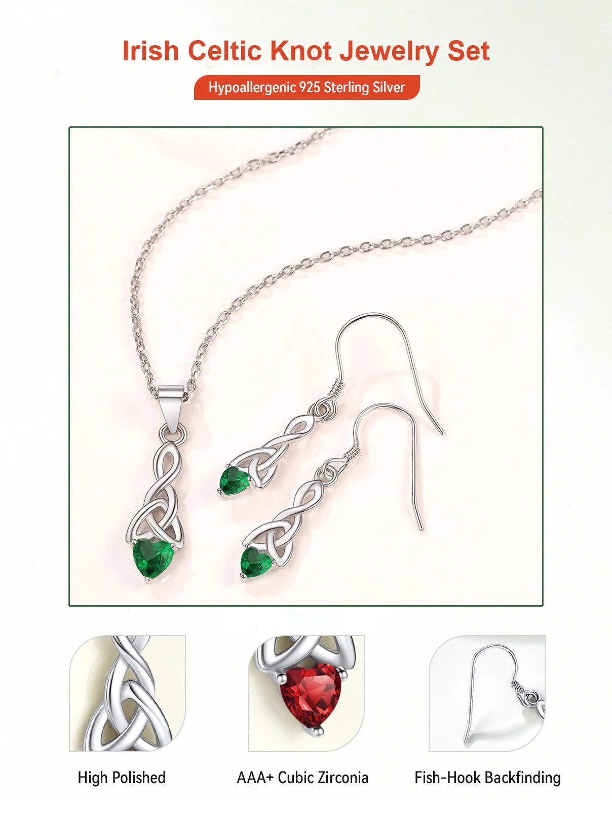 💚 925 Sterling Silver Jewelry Set for Women – May Emerald Birthstone Heart Celtic Knot Necklace &amp; Drop Earrings | Dainty Jewelry Gift for Mom, Daughter, Wife, or Friend