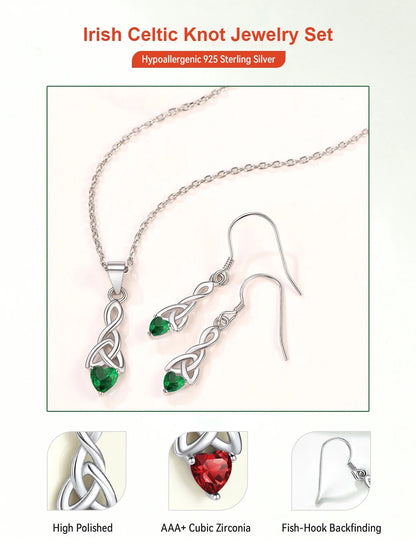 💚 925 Sterling Silver Jewelry Set for Women – May Emerald Birthstone Heart Celtic Knot Necklace &amp; Drop Earrings | Dainty Jewelry Gift for Mom, Daughter, Wife, or Friend