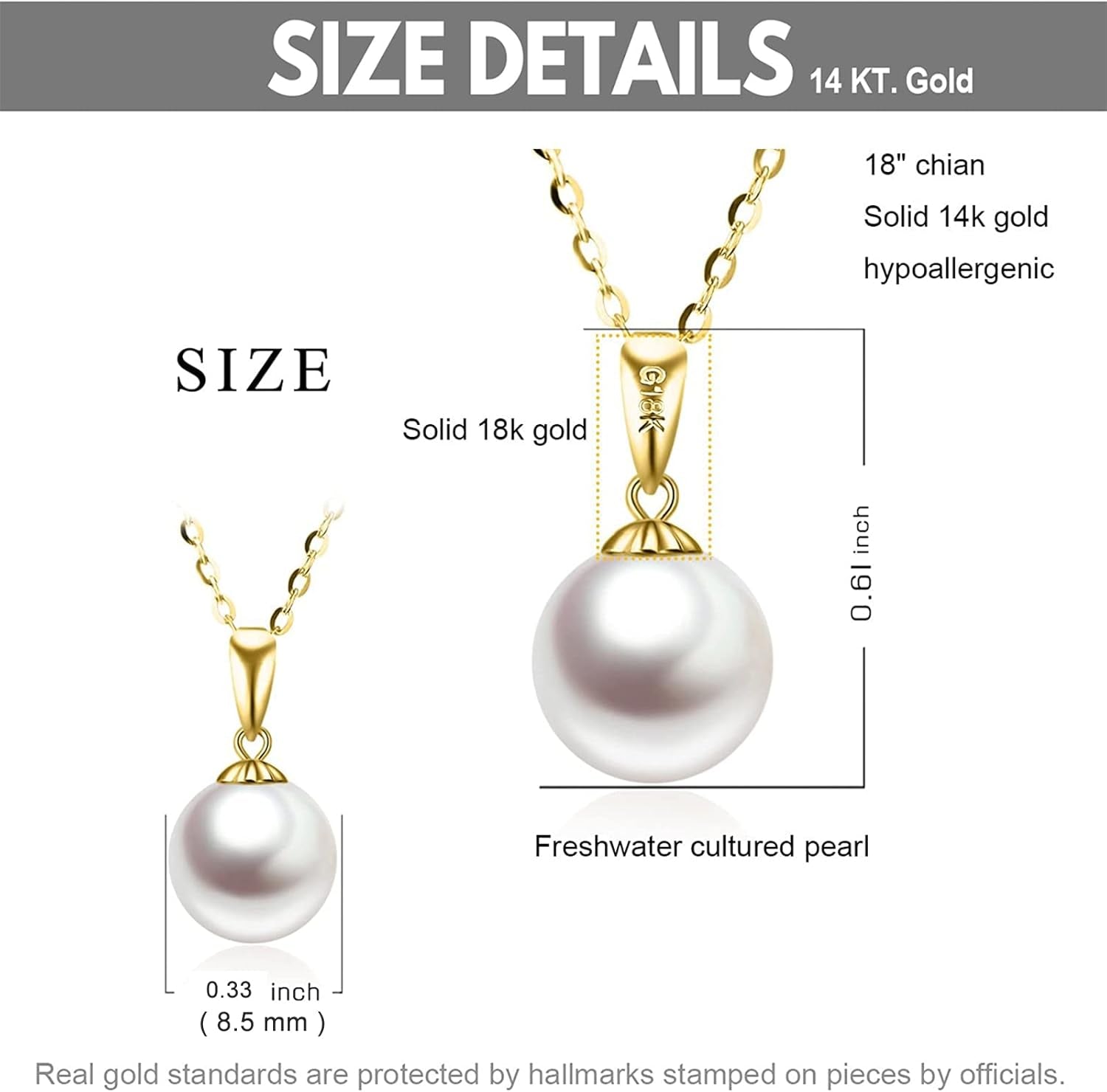 14K Gold Pearl Necklace for Women with 18K Gold Pendant – Freshwater Cultured Pearl, Real Gold Jewelry Gift for Mother, Wife, or Girlfriend, 16&quot;-18&quot;