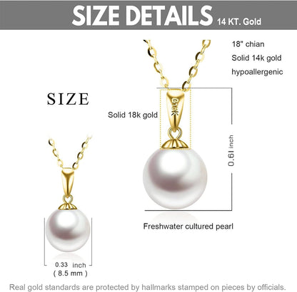 14K Gold Pearl Necklace for Women with 18K Gold Pendant – Freshwater Cultured Pearl, Real Gold Jewelry Gift for Mother, Wife, or Girlfriend, 16&quot;-18&quot;