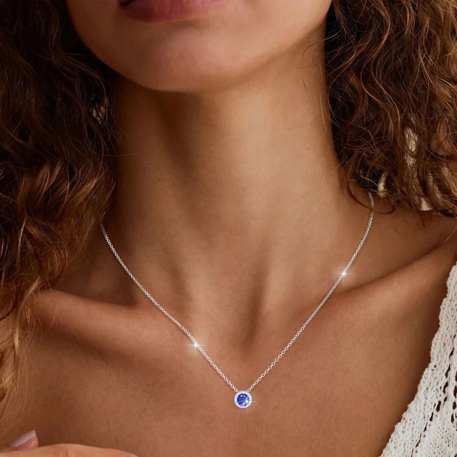 18K White Gold Plated September Birthstone Necklace – Women’s Round Blue Sapphire CZ Pendant in S925 Sterling Silver